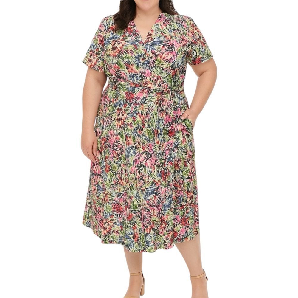 JG Hook VTG Midi Dress Sz 22W Linen Faux Wrap Multicolor Abstract Floral Belted